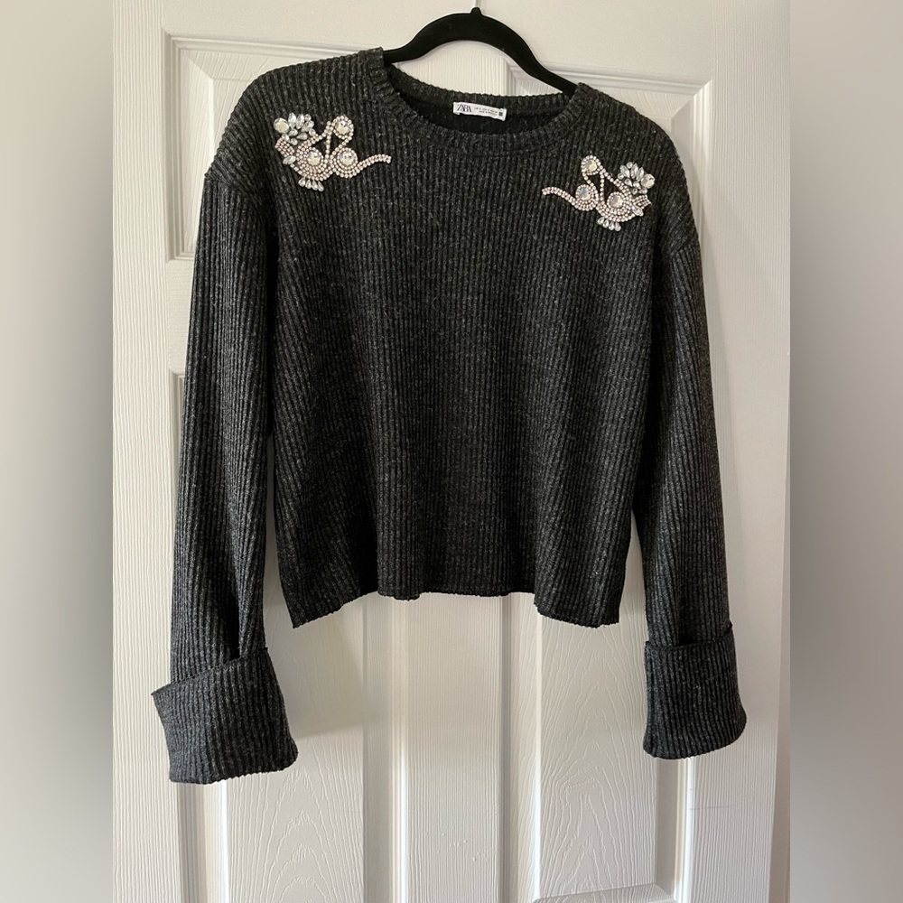 ZARA Knit Detailed Sweater Grey/Gray